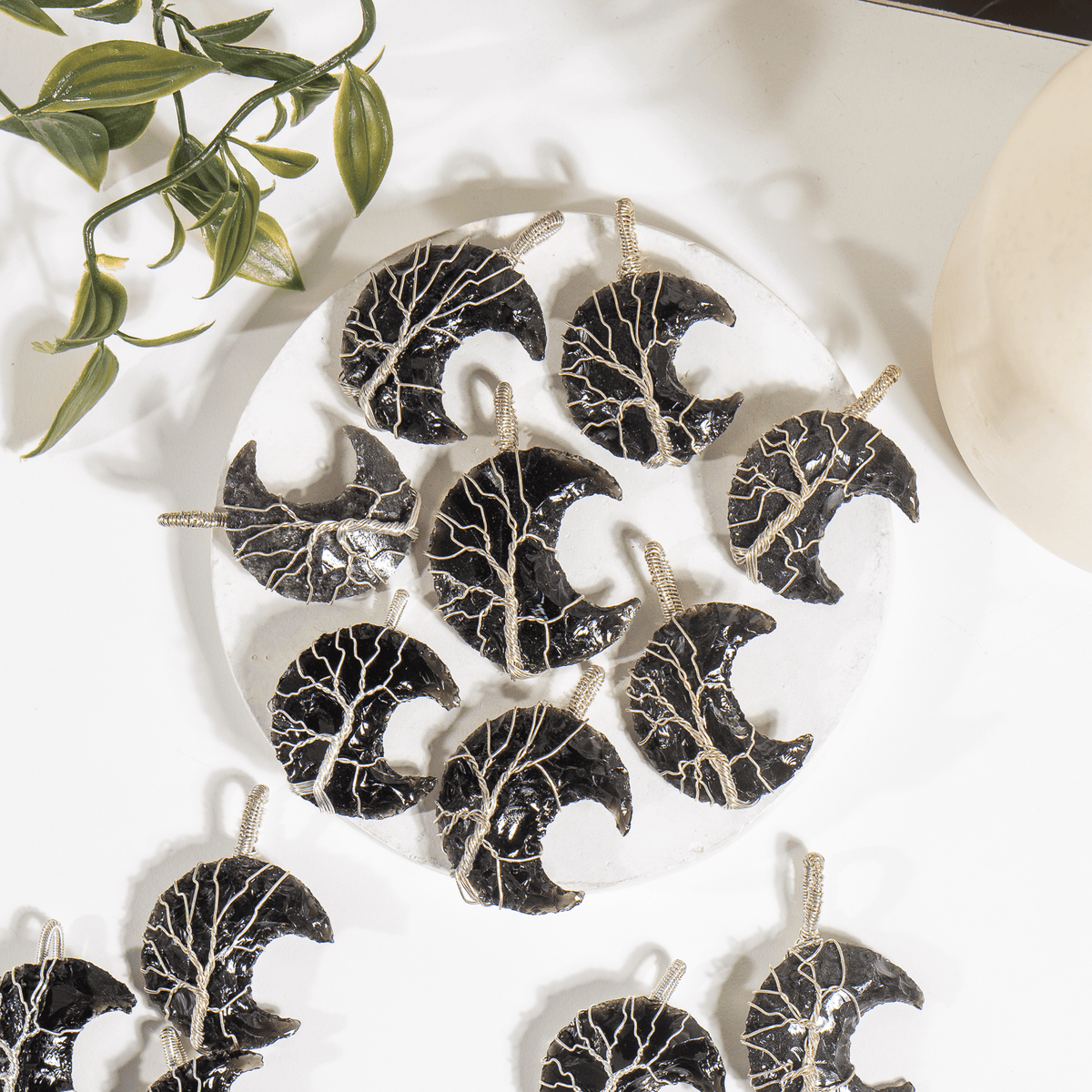 Black Obsidian Moon Silver Wire Wrapped Pendant, Crystal Moon Pendant  DestGlow