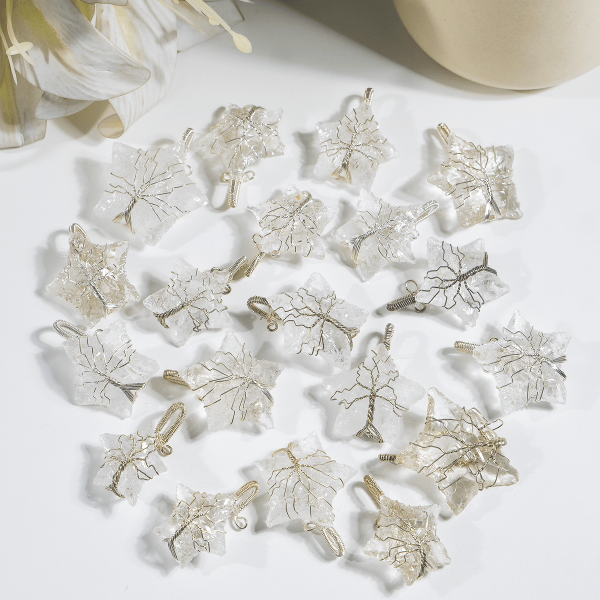 Crystal Quartz Star Wire Wrapped Pendants, Silver Necklace with Chain  DestGlow