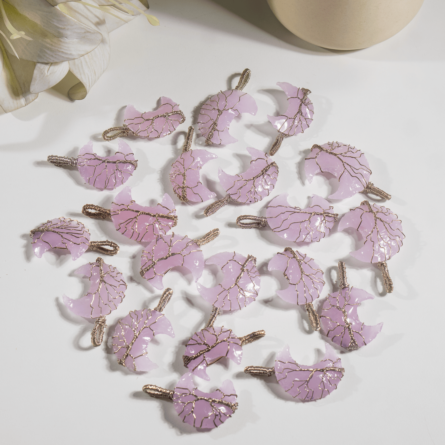 Rose Quartz Moon Silver Wire Wrapped Pendant, Crystal Moon Pendant  DestGlow