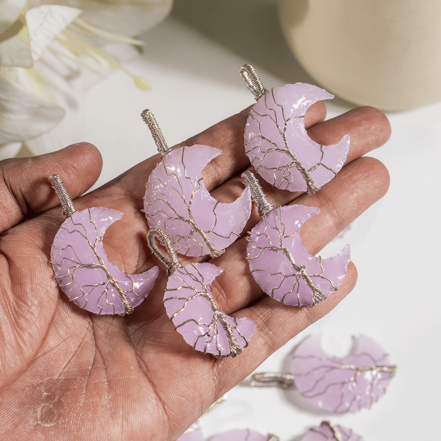 Rose Quartz Moon Silver Wire Wrapped Pendant, Crystal Moon Pendant