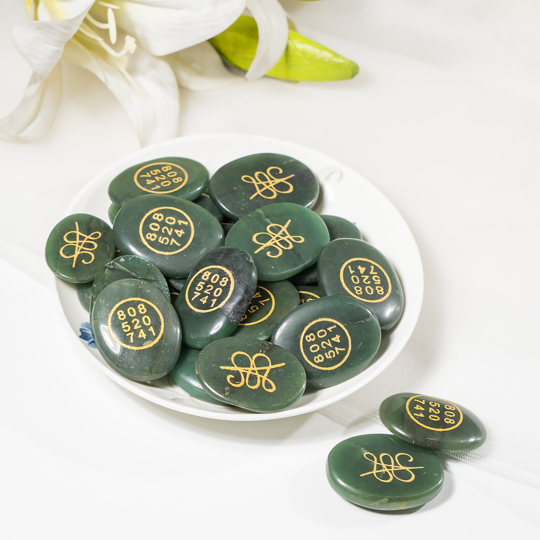 Polished Green Jade Zibu Stones, Flat Oval Engraved Stones (Wealth and Attraction)