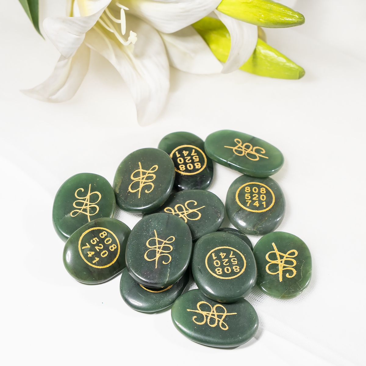 Polished Green Jade Zibu Stones, Flat Oval Engraved Stones (Wealth and Attraction)