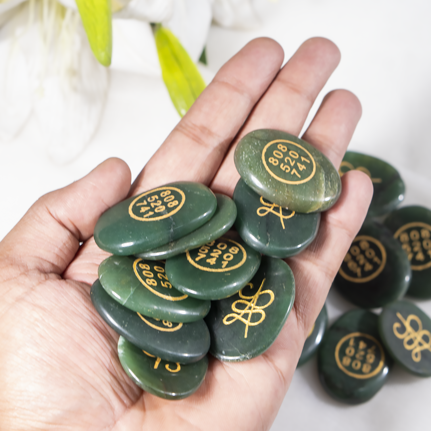 Polished Green Jade Zibu Stones, Flat Oval Engraved Stones (Wealth and Attraction)