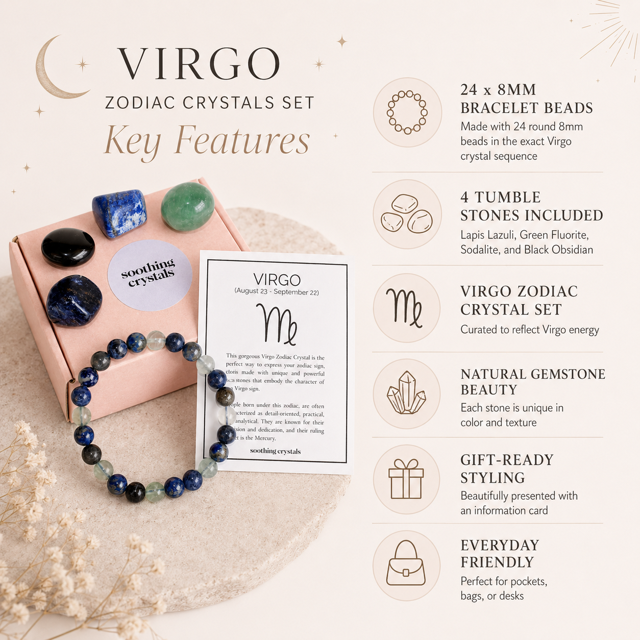 VIRGO Zodiac Crystal Kit, Virgo Birthstones Tumbled Stones Set, Virgo Stones Gifts  DestGlow