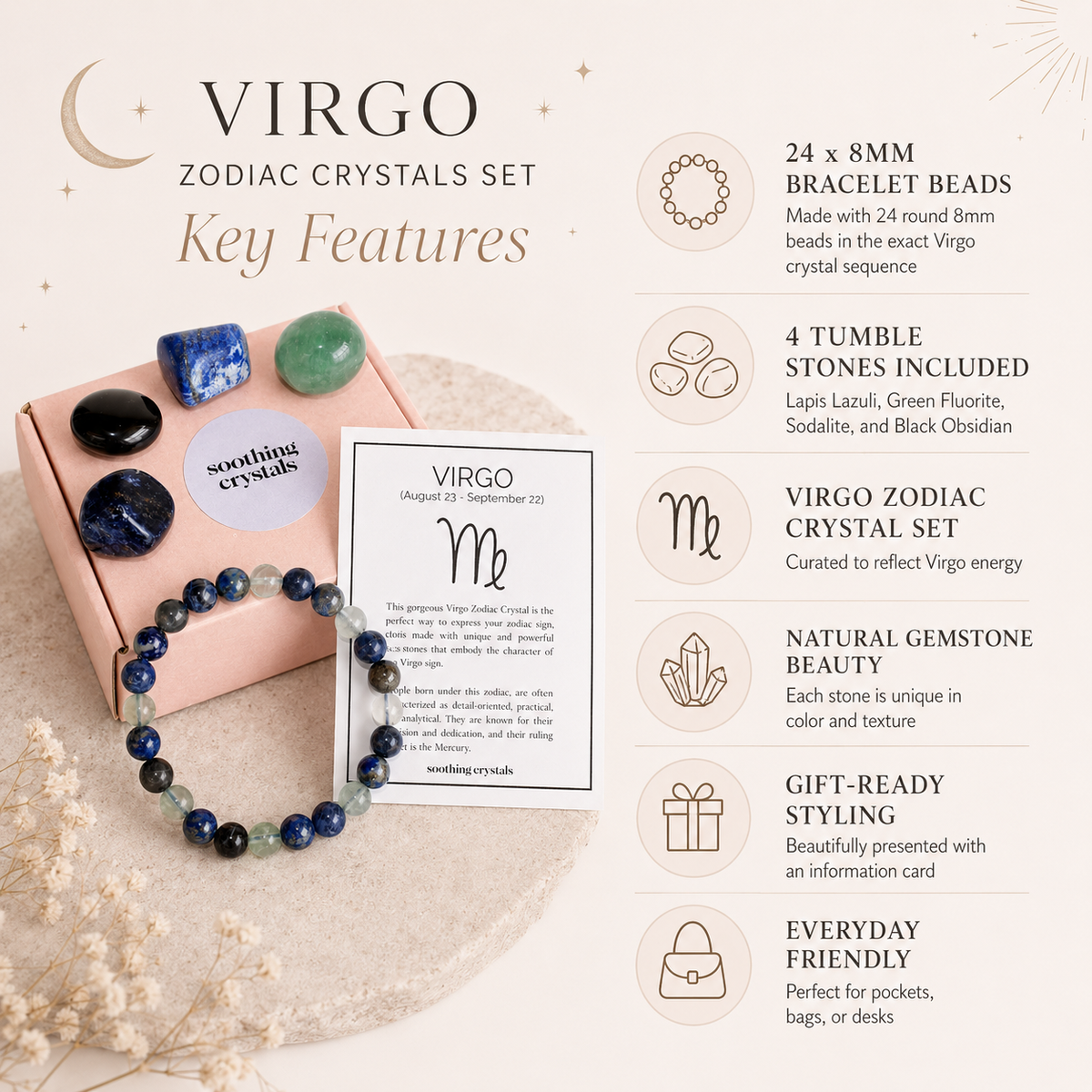VIRGO Zodiac Crystal Kit, Virgo Birthstones Tumbled Stones Set, Virgo Stones Gifts  DestGlow