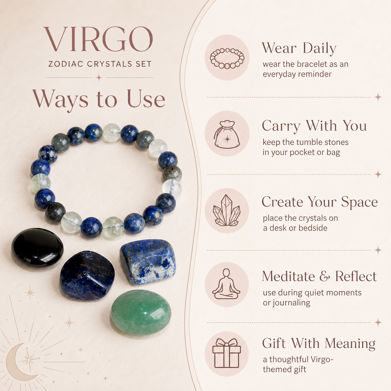 VIRGO Zodiac Crystal Kit, Virgo Birthstones Tumbled Stones Set, Virgo Stones Gifts  DestGlow
