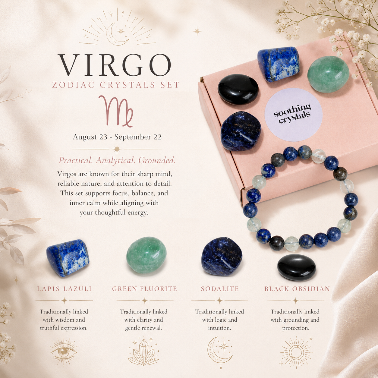 VIRGO Zodiac Crystal Kit, Virgo Birthstones Tumbled Stones Set, Virgo Stones Gifts  DestGlow
