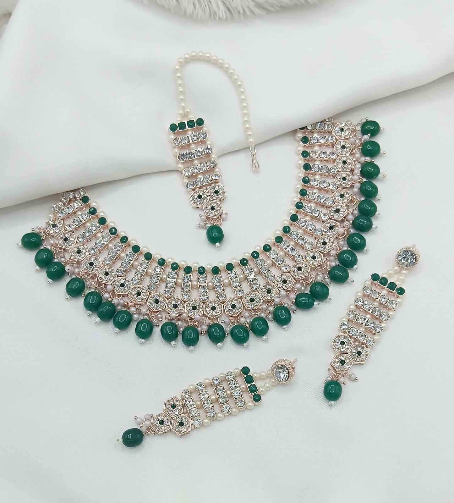 Joban Fashion Green Stone Work Necklace Set