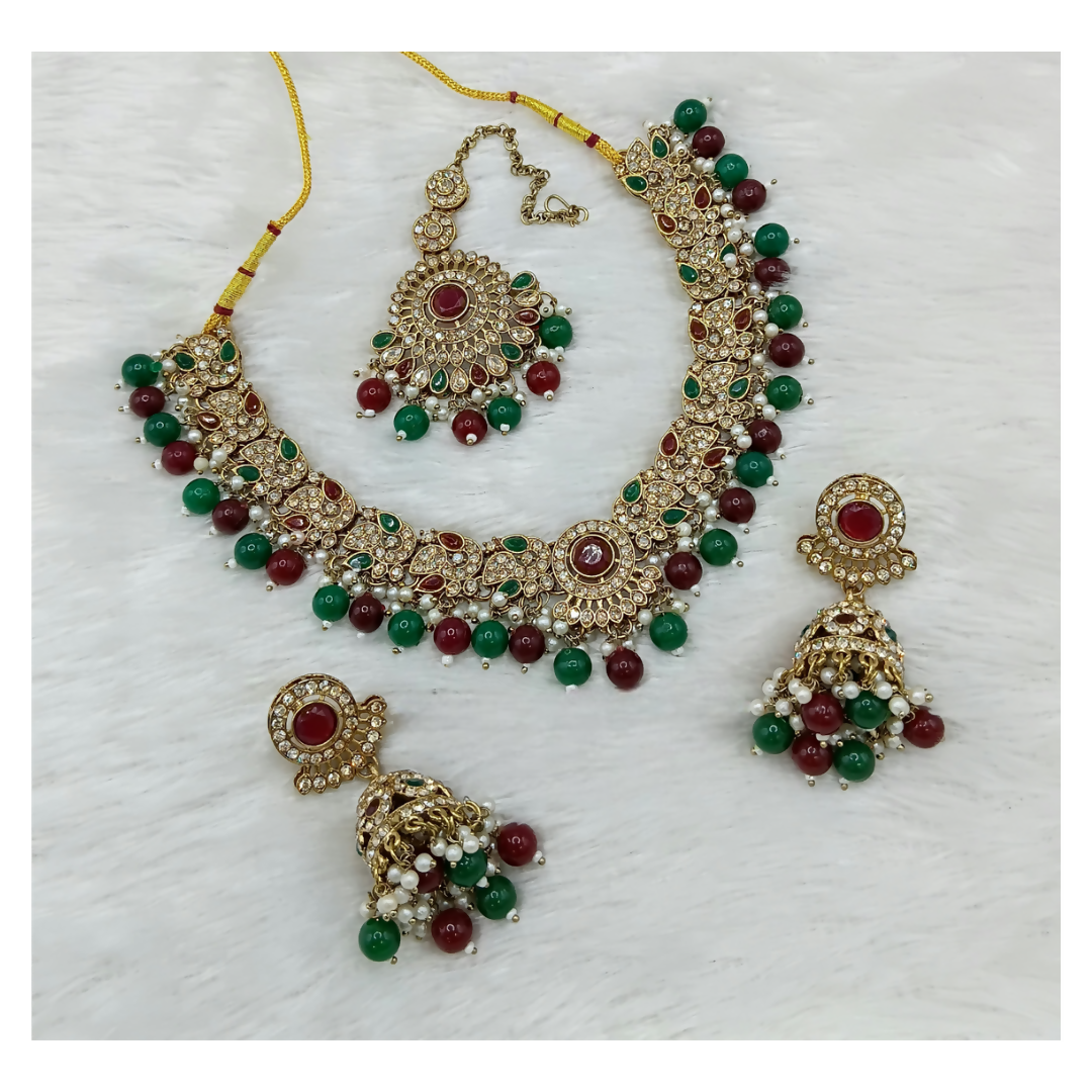 Joban Fashion Maroon-Green Stone Work Necklace Set