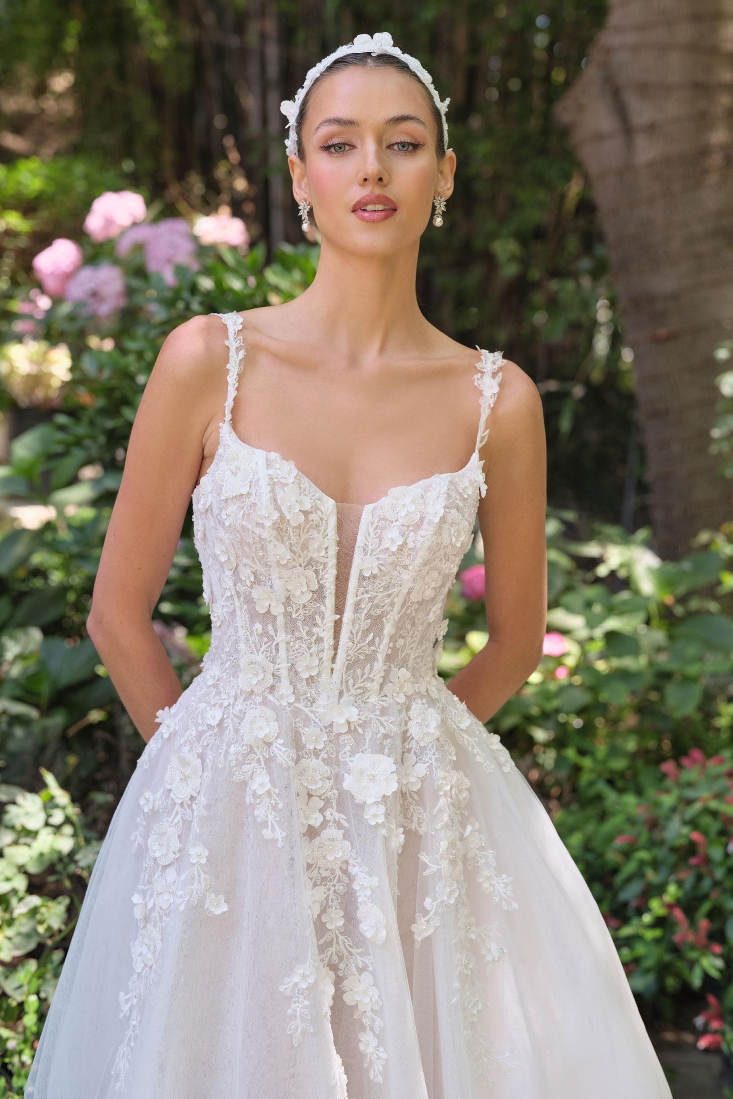 Andrea &amp; Leo WL063 A-Line Wedding Gown Plunging Neckline Floral Straps