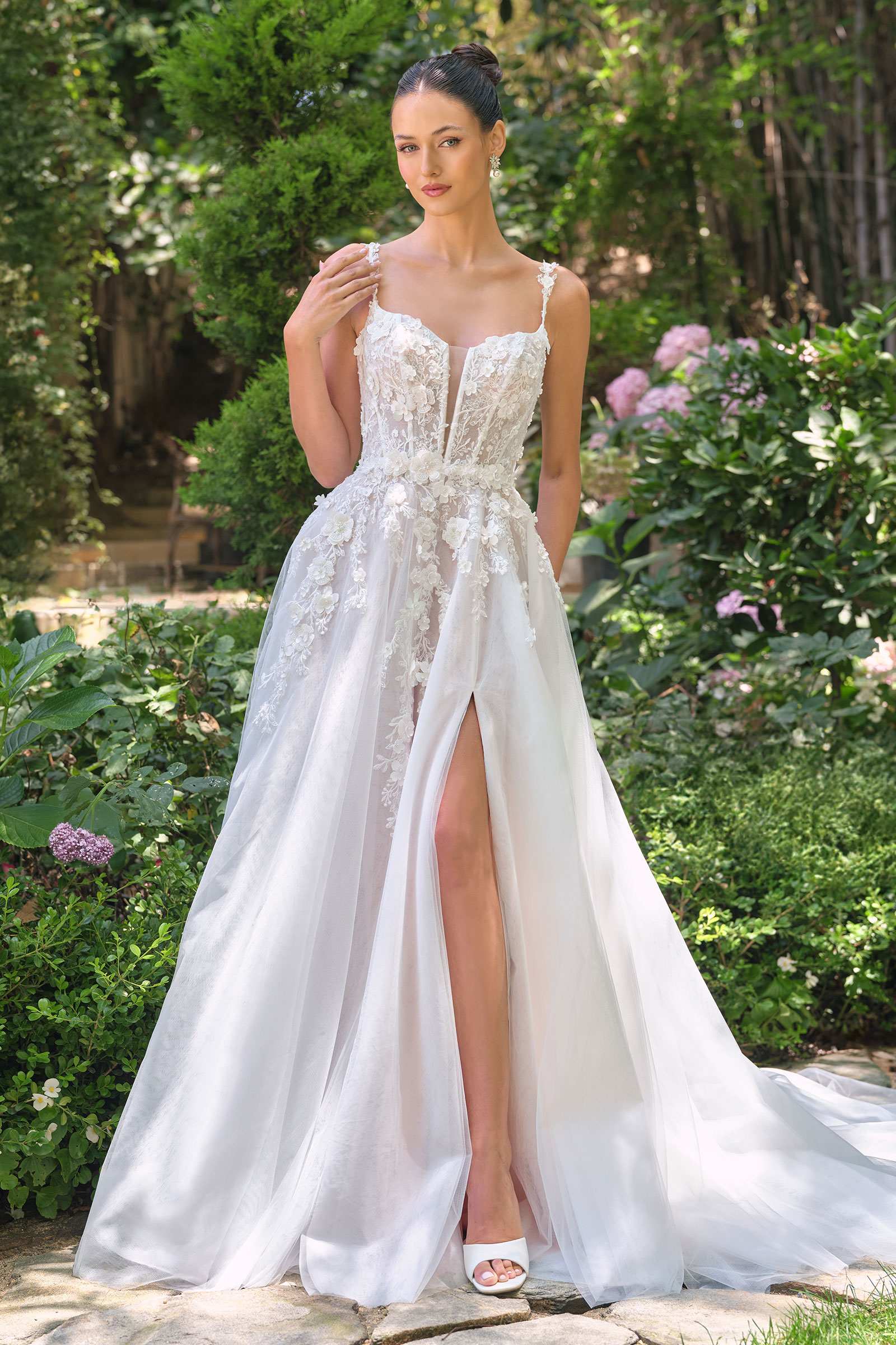 Andrea &amp; Leo WL063 A-Line Wedding Gown Plunging Neckline Floral Straps