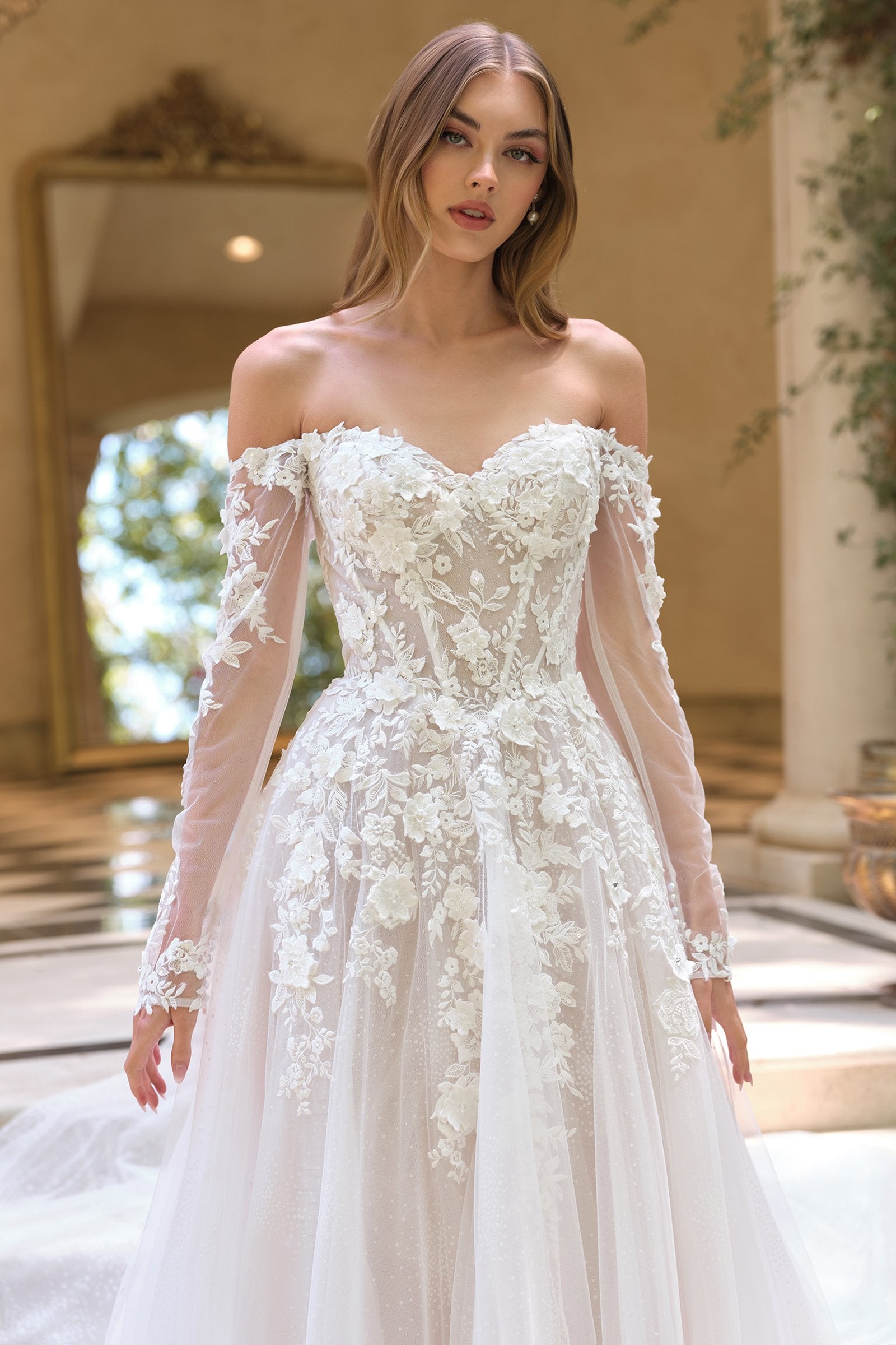 Andrea &amp; Leo WL067 Off the Shoulder Sheer Illusion Sleeves Wedding Ball Gown