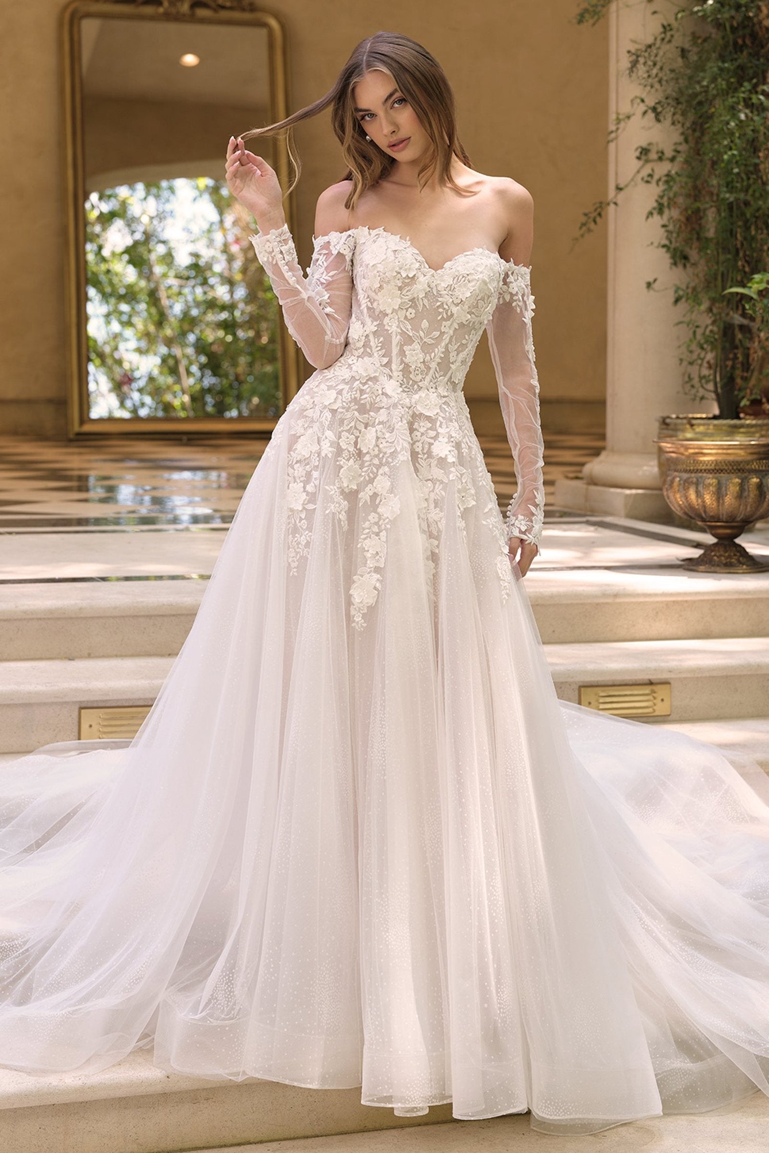 Andrea &amp; Leo WL067 Off the Shoulder Sheer Illusion Sleeves Wedding Ball Gown
