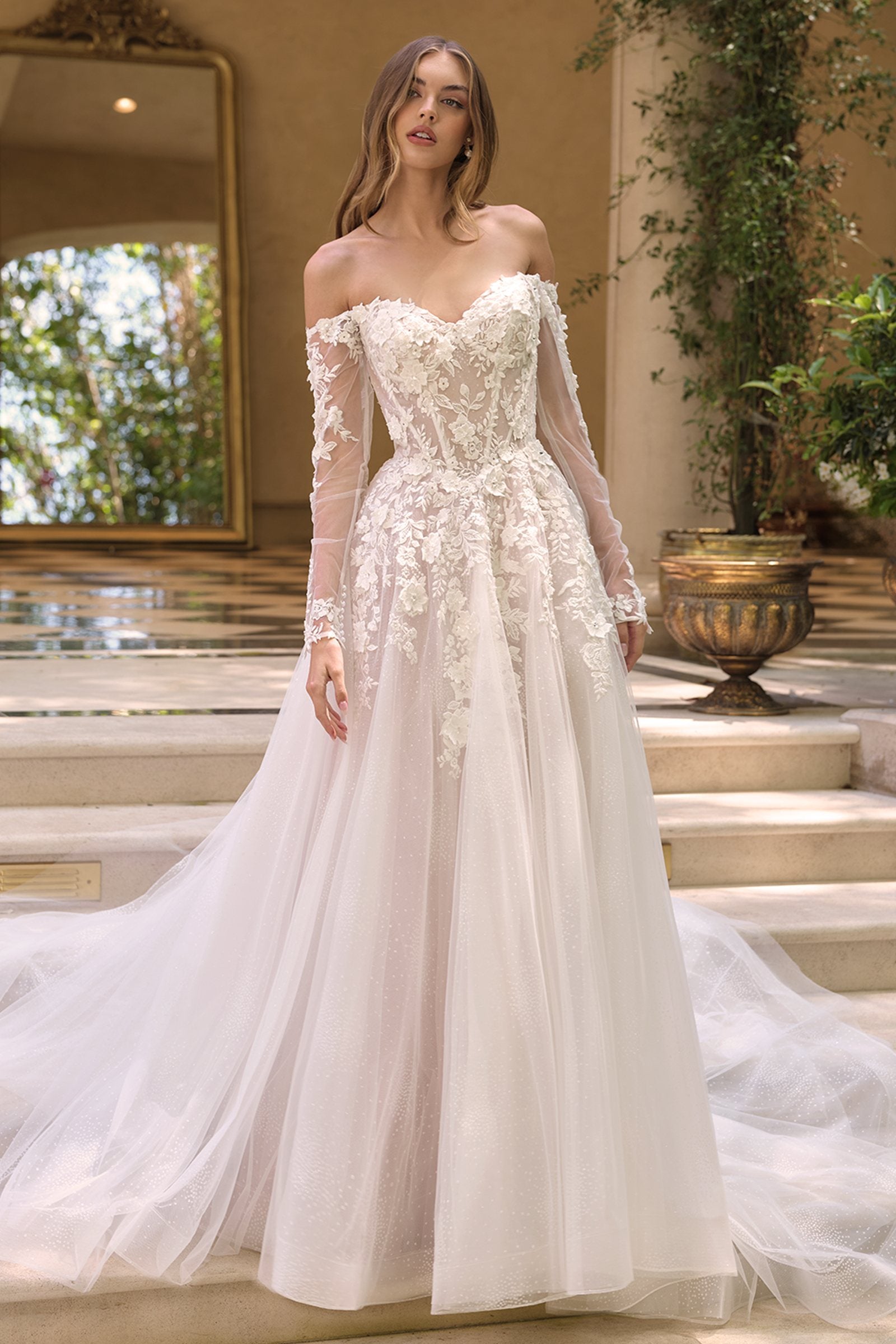 Andrea &amp; Leo WL067 Off the Shoulder Sheer Illusion Sleeves Wedding Ball Gown