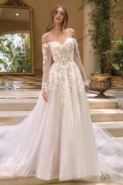 Andrea &amp; Leo WL067 Off the Shoulder Sheer Illusion Sleeves Wedding Ball Gown