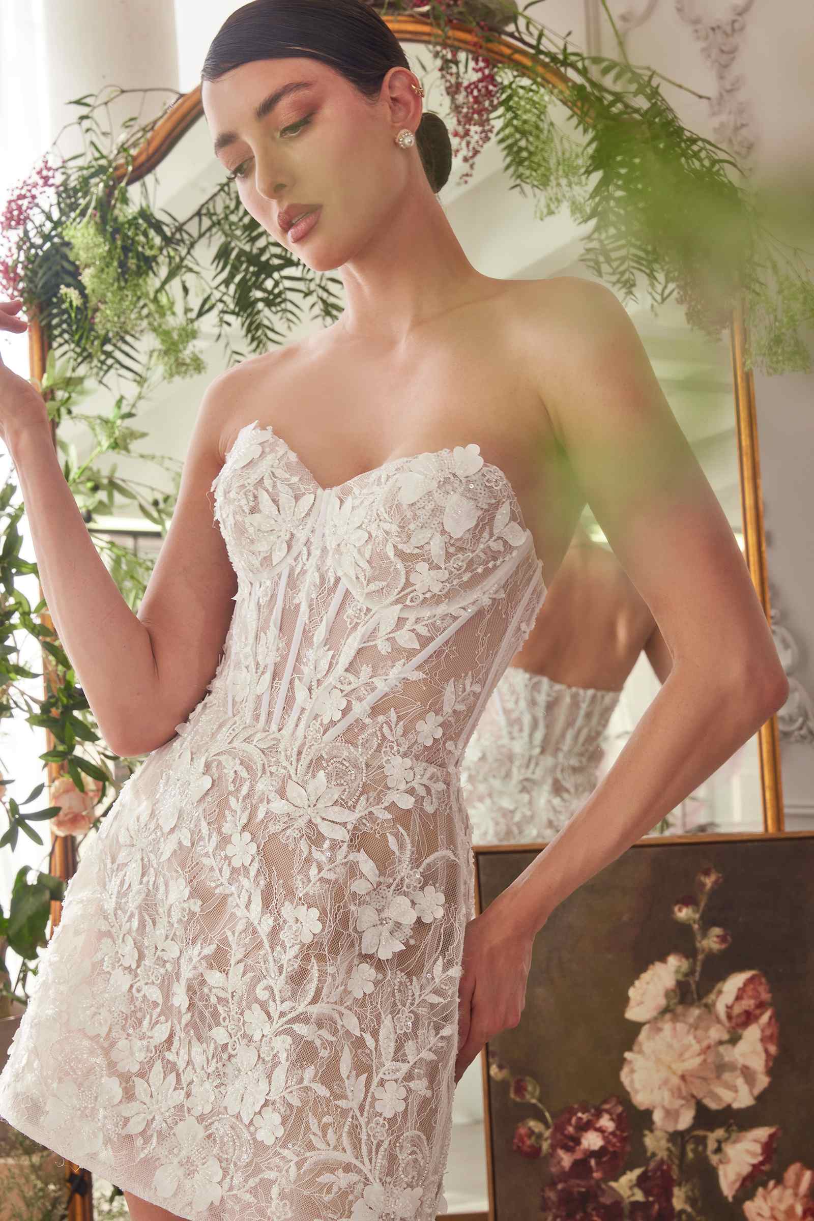 Andrea &amp; Leo WL084 Strapless Short Lace Midi Wedding Dress