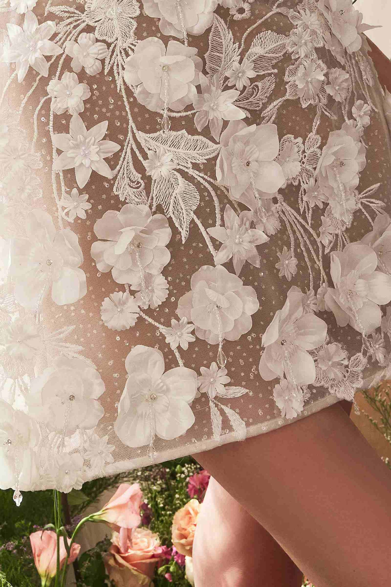Andrea &amp; Leo WL085 Dimensional Floral &amp; Lace Strapless Short Bridal Midi Dress