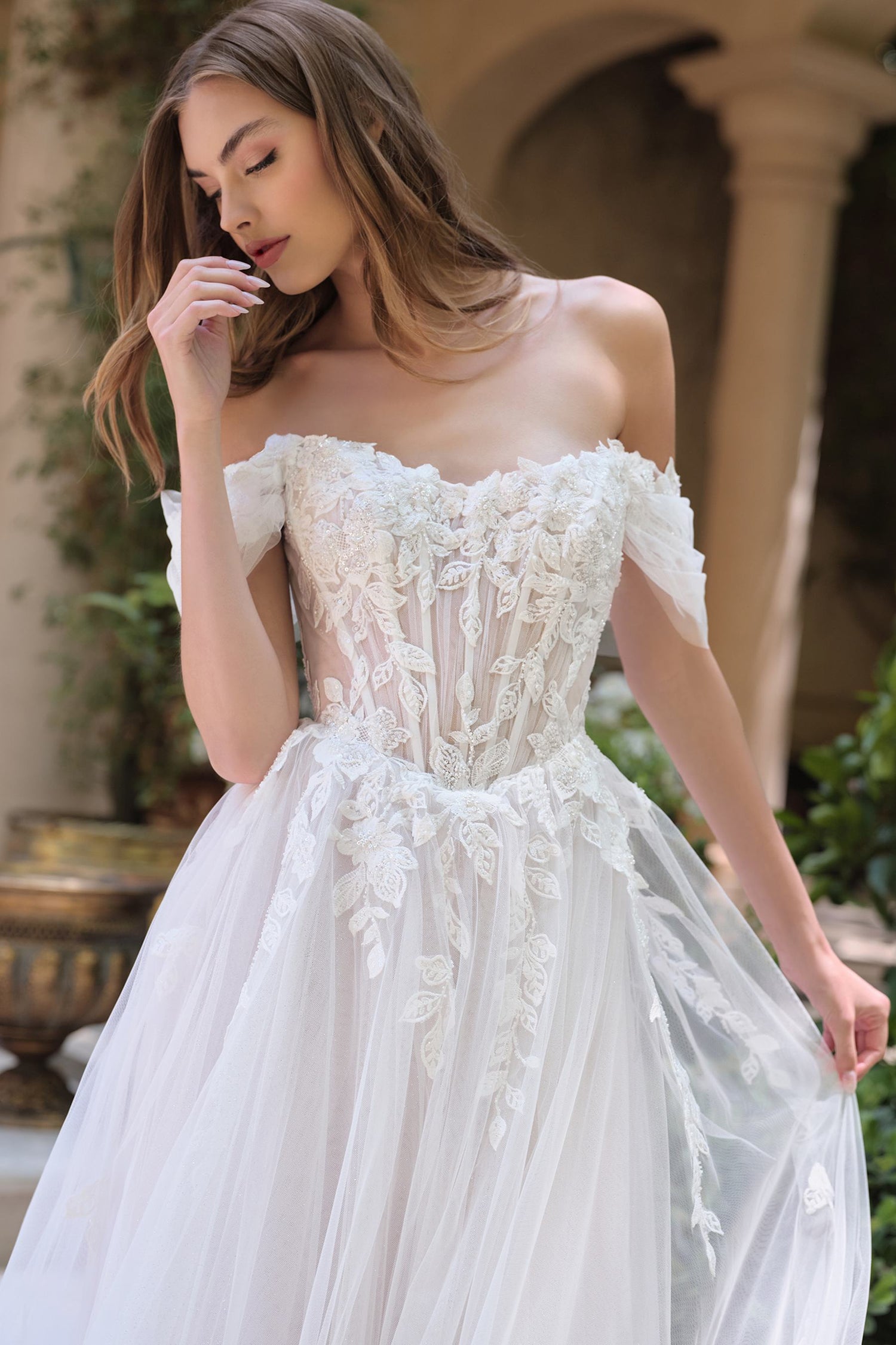 Andrea &amp; Leo WL089 Off Shoulder Floral Lace Applique A-Line Wedding Gown