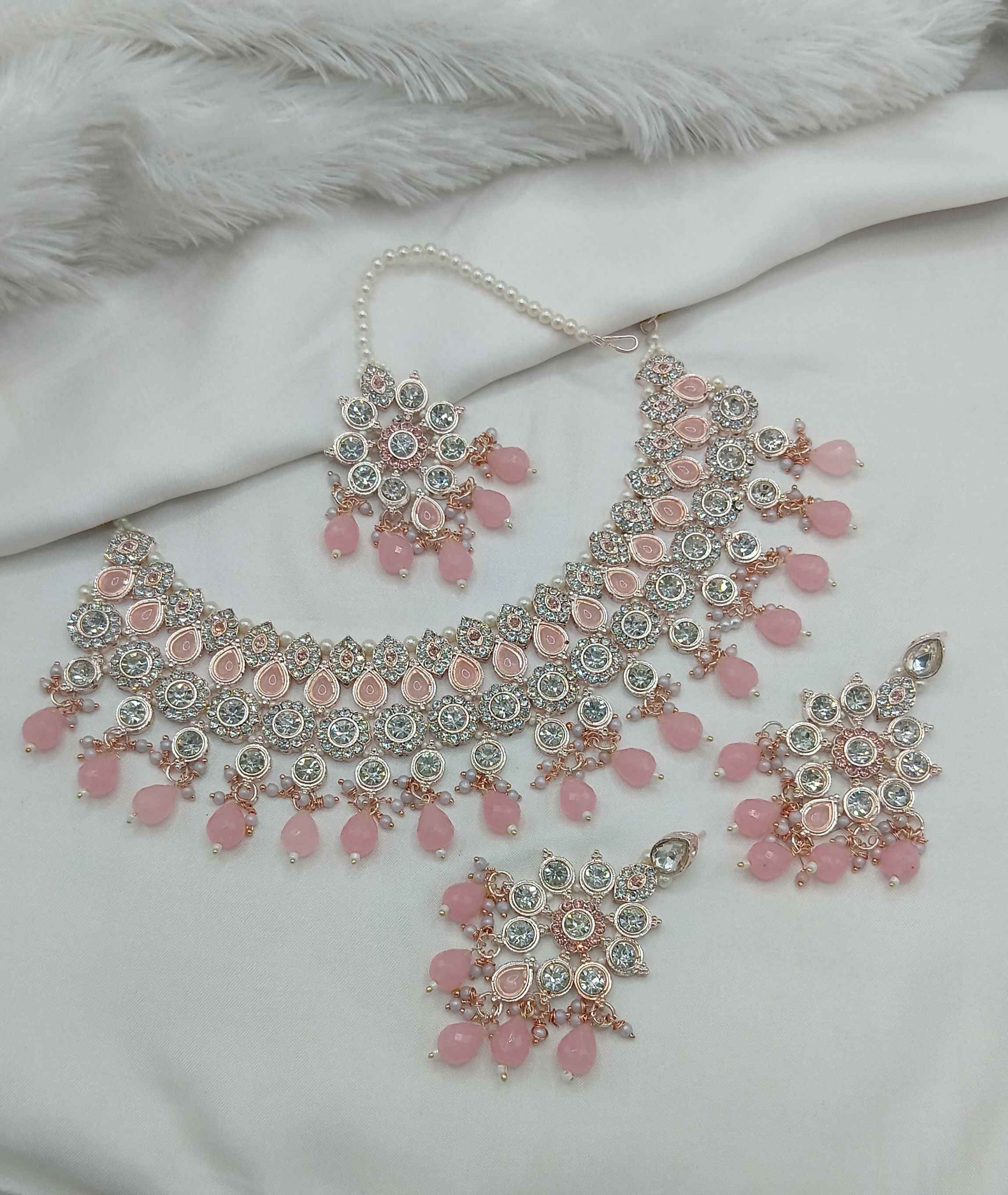 Joban Fashion Pink Stone Work Necklace Set