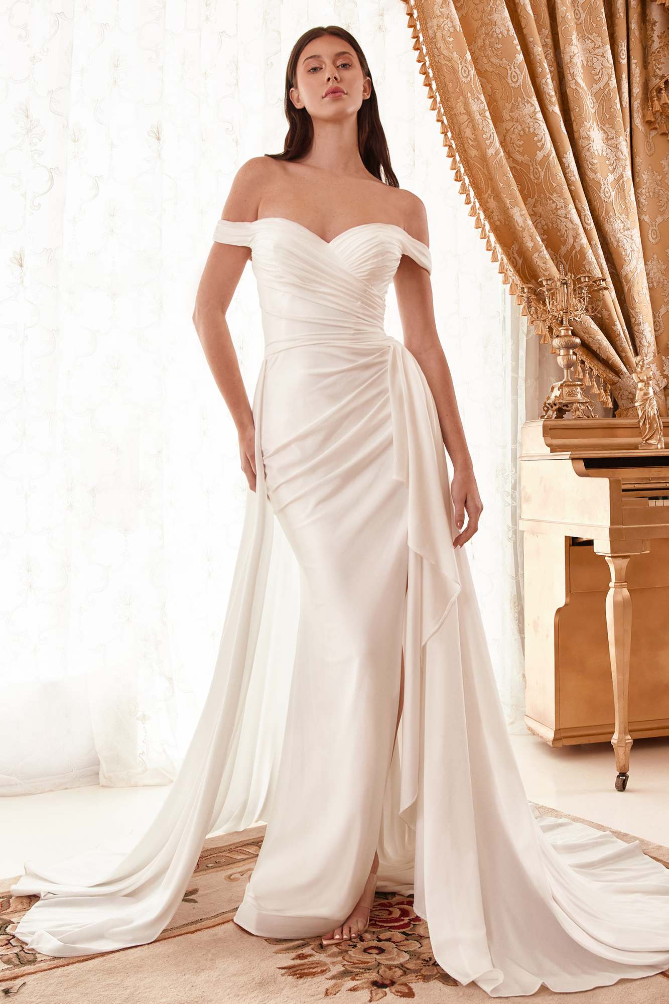 CLEARANCE - Ladivine WN315 Long Draped Off The Shoulder Bridal Gown With Overskirt (Size 10) by DiscountDressShop