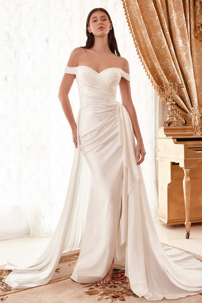 Ladivine WN315 Long Draped Off The Shoulder Bridal Gown With Overskirt by DiscountDressShop
