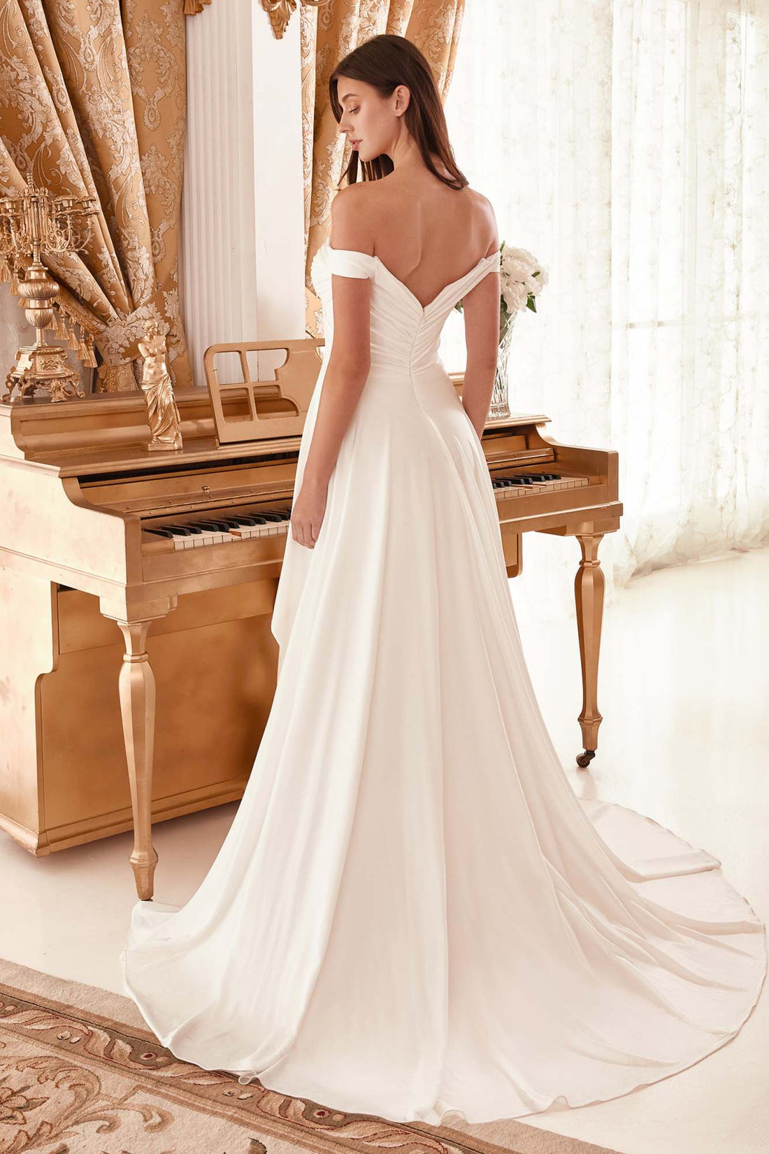 CLEARANCE - Ladivine WN315 Long Draped Off The Shoulder Bridal Gown With Overskirt (Size 10) by DiscountDressShop