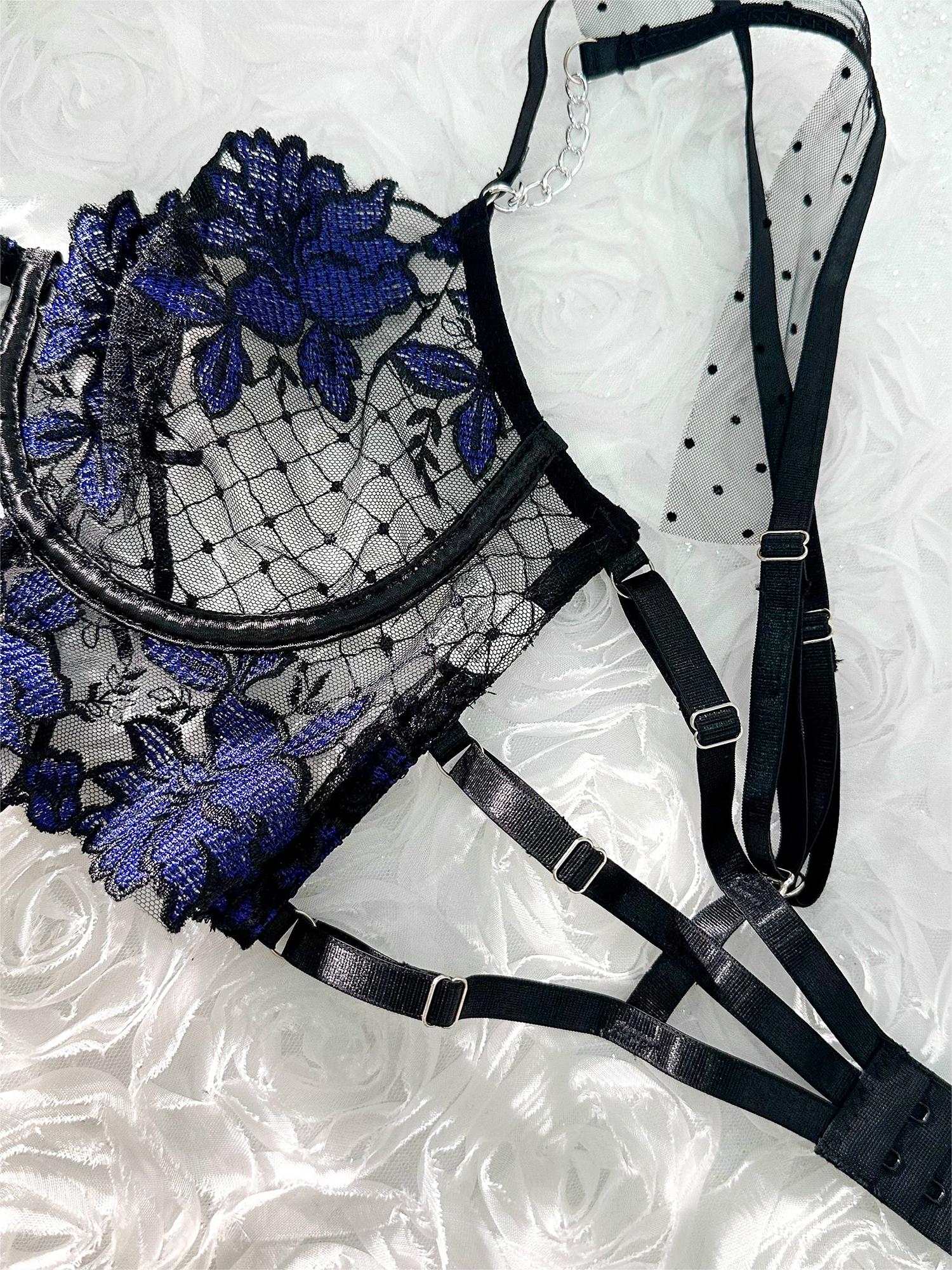 Black&amp;Blue Lace Tie Adjustable Sculpting Body Lingerie Set
