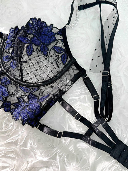 Black&amp;Blue Lace Tie Adjustable Sculpting Body Lingerie Set