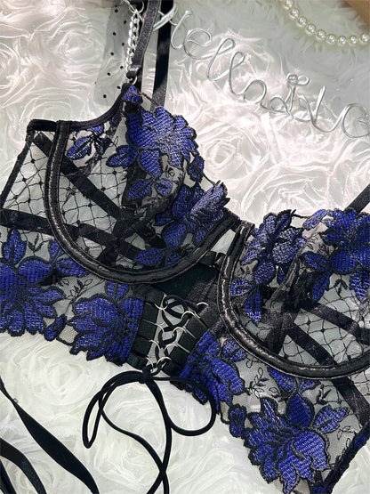 Black&amp;Blue Lace Tie Adjustable Sculpting Body Lingerie Set