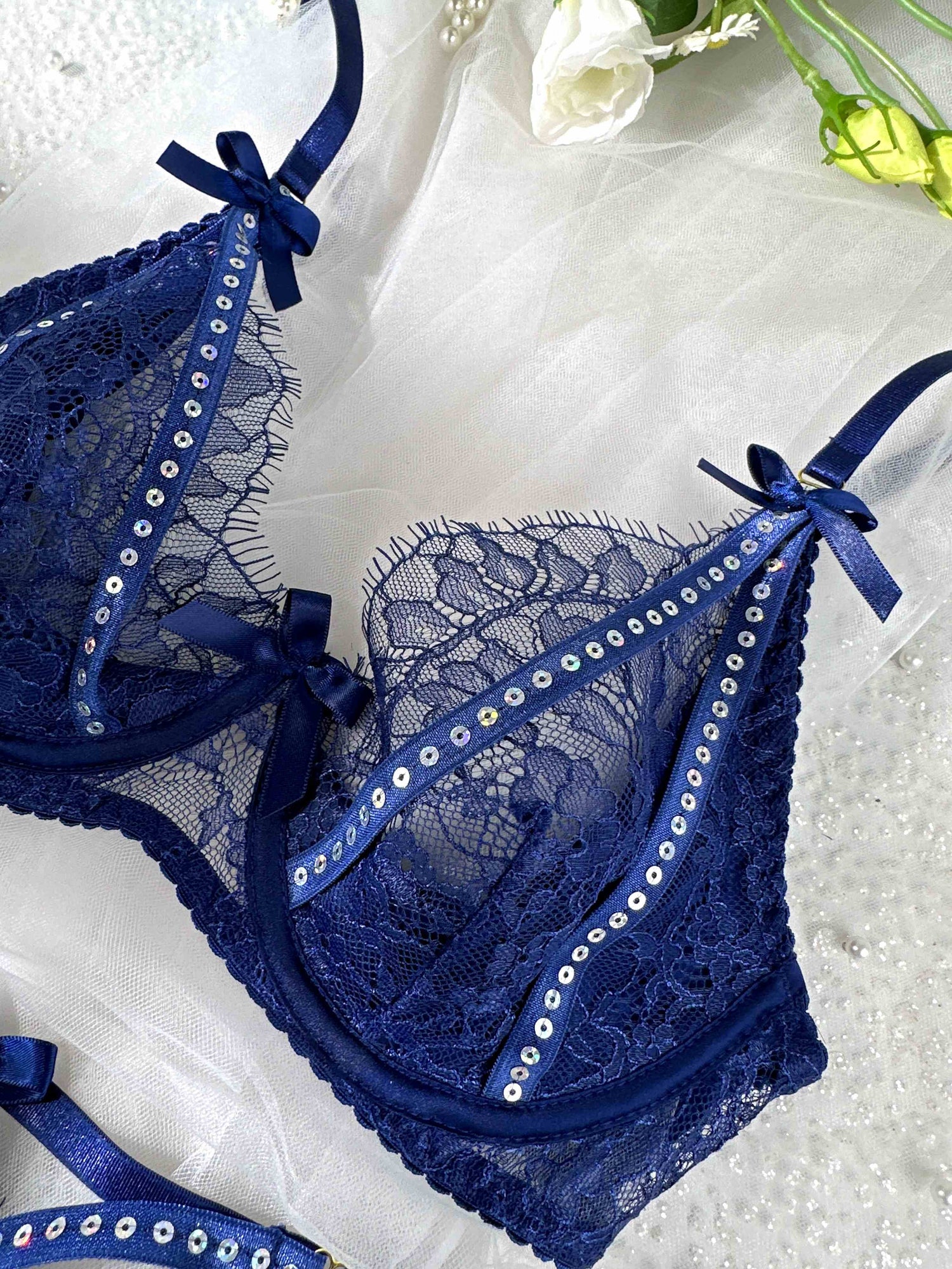 Midnight Sapphire Sparkle Lace Lingerie Set