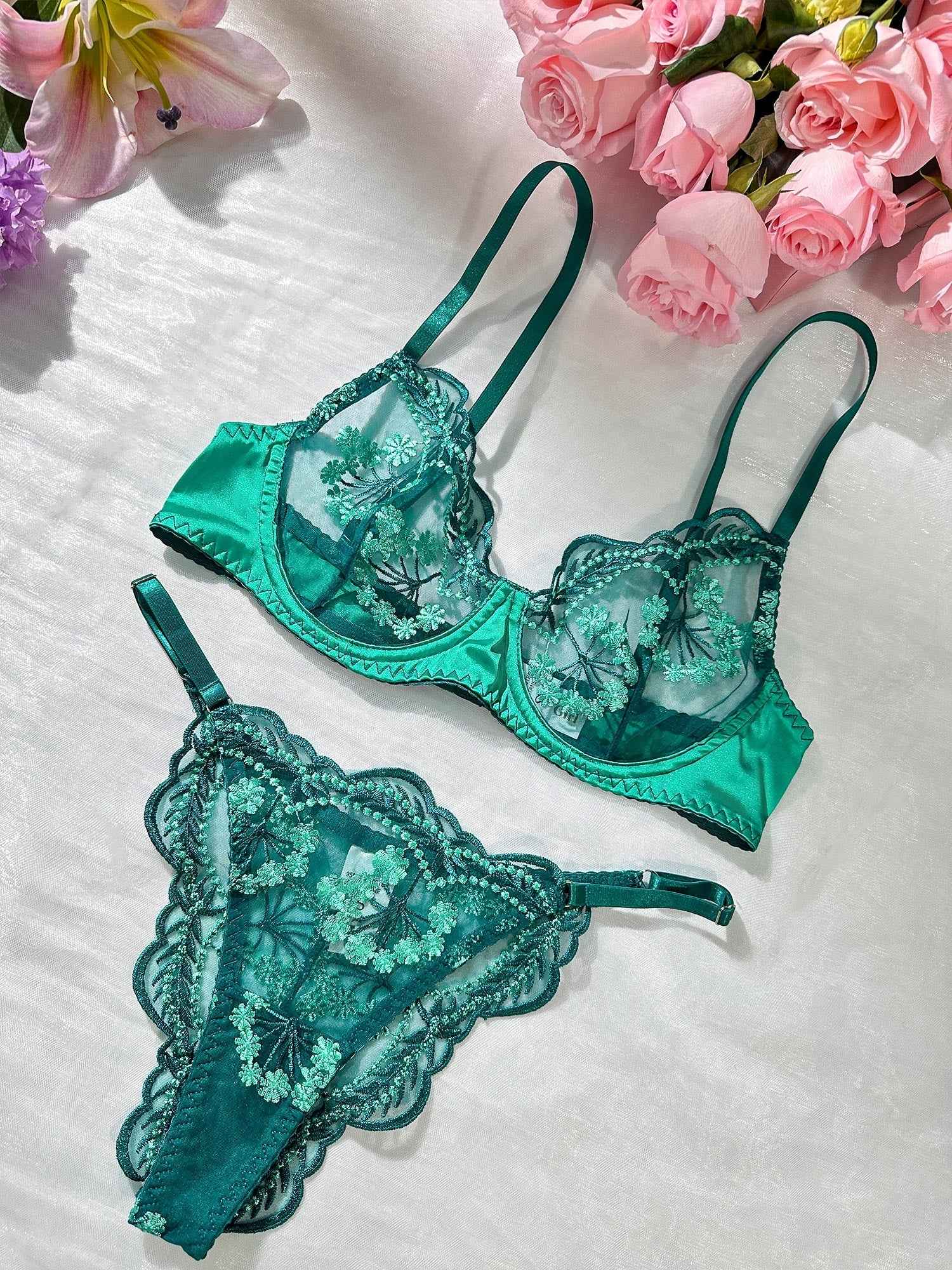 Vintage Turquoise Satin Embroidered Thong