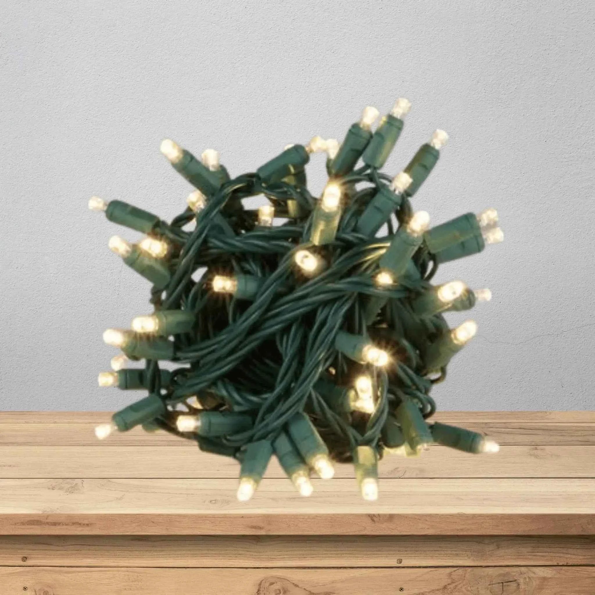 LED Mini Lights 5MM Warm White Static Green Wire 4" Spacing