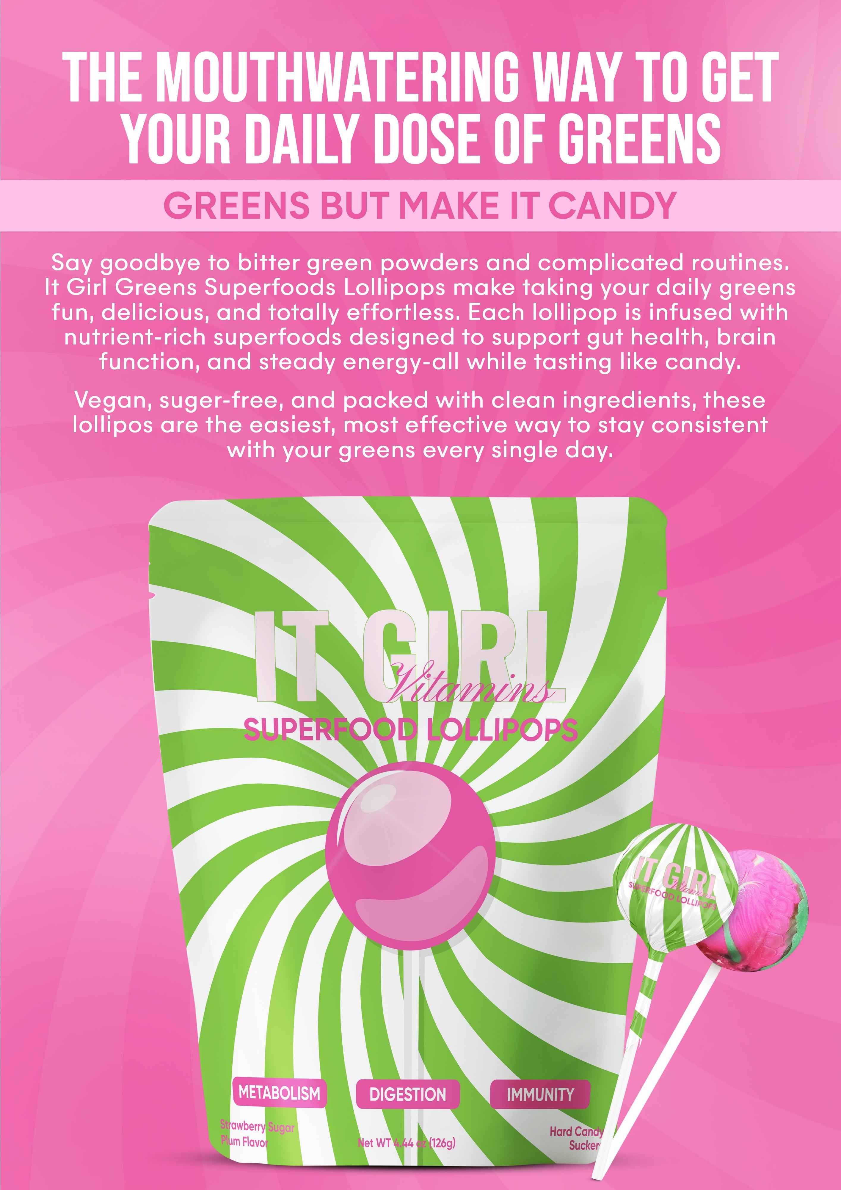 It Girl Superfood Greens Lollipops - Vegan Candy with Supergreens, Vitamins &amp; Antioxidants