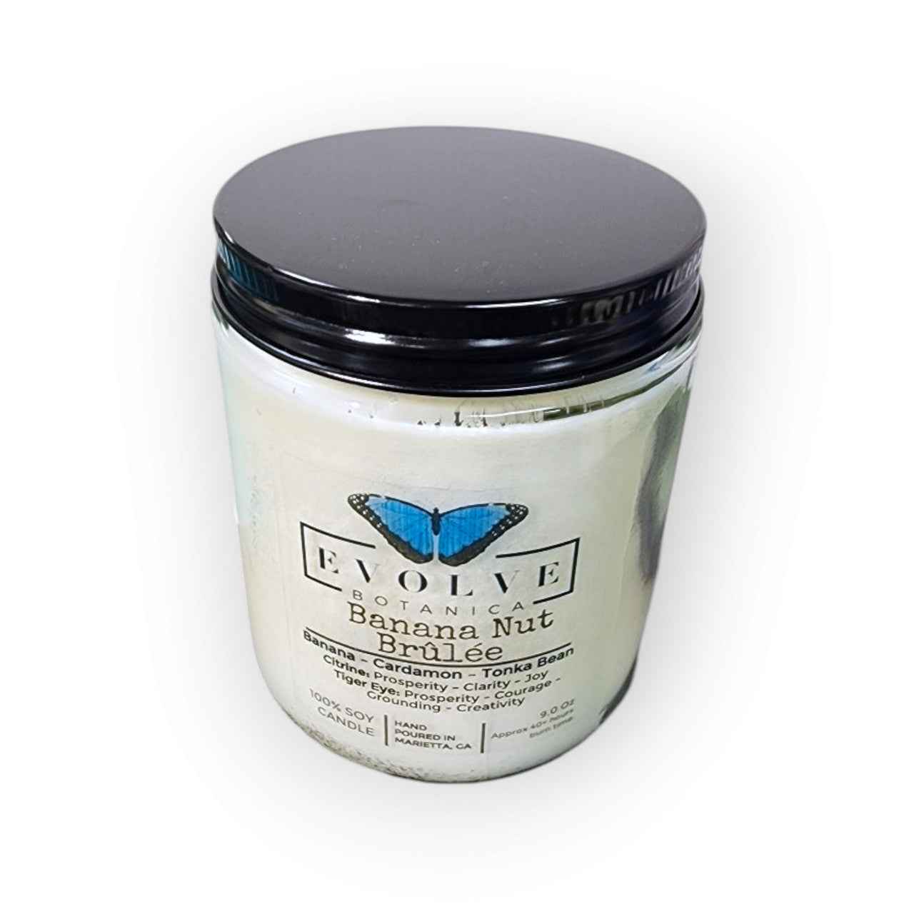 Classic 9oz Jam Jar Crystal Soy Candle - Banana Nut Brulee (Citrine &amp; Tiger&