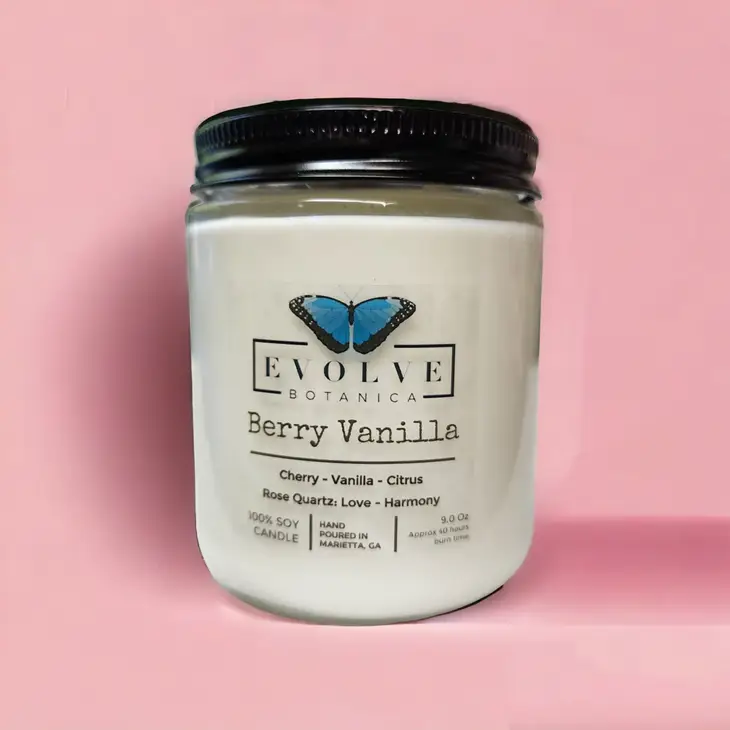 Classic 9oz Jam Jar Crystal Soy Candle - Berry Vanilla (Rose Quartz)