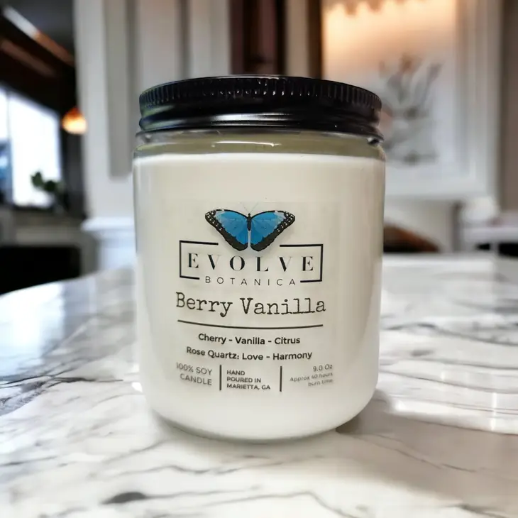 Classic 9oz Jam Jar Crystal Soy Candle - Berry Vanilla (Rose Quartz)