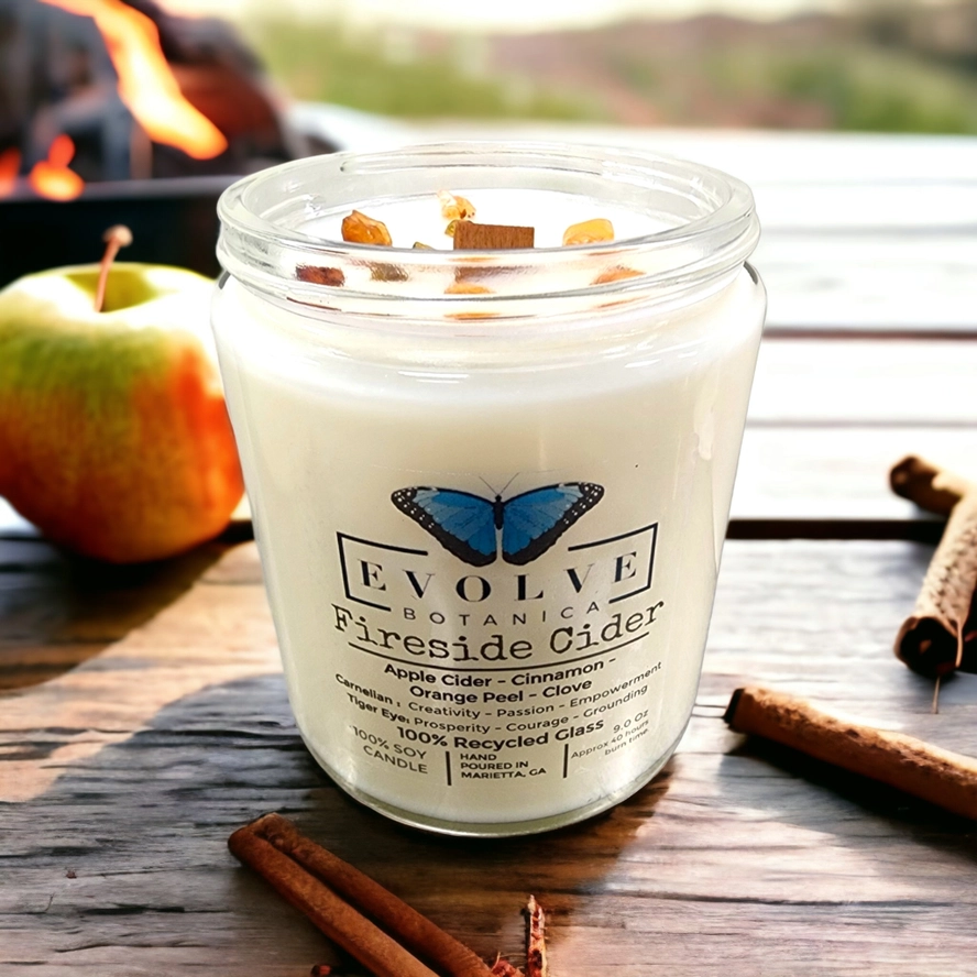 Classic 9oz Jam Jar Crystal Soy Candle - Fireside Cider (Carnelian &amp; Tigers Eye)