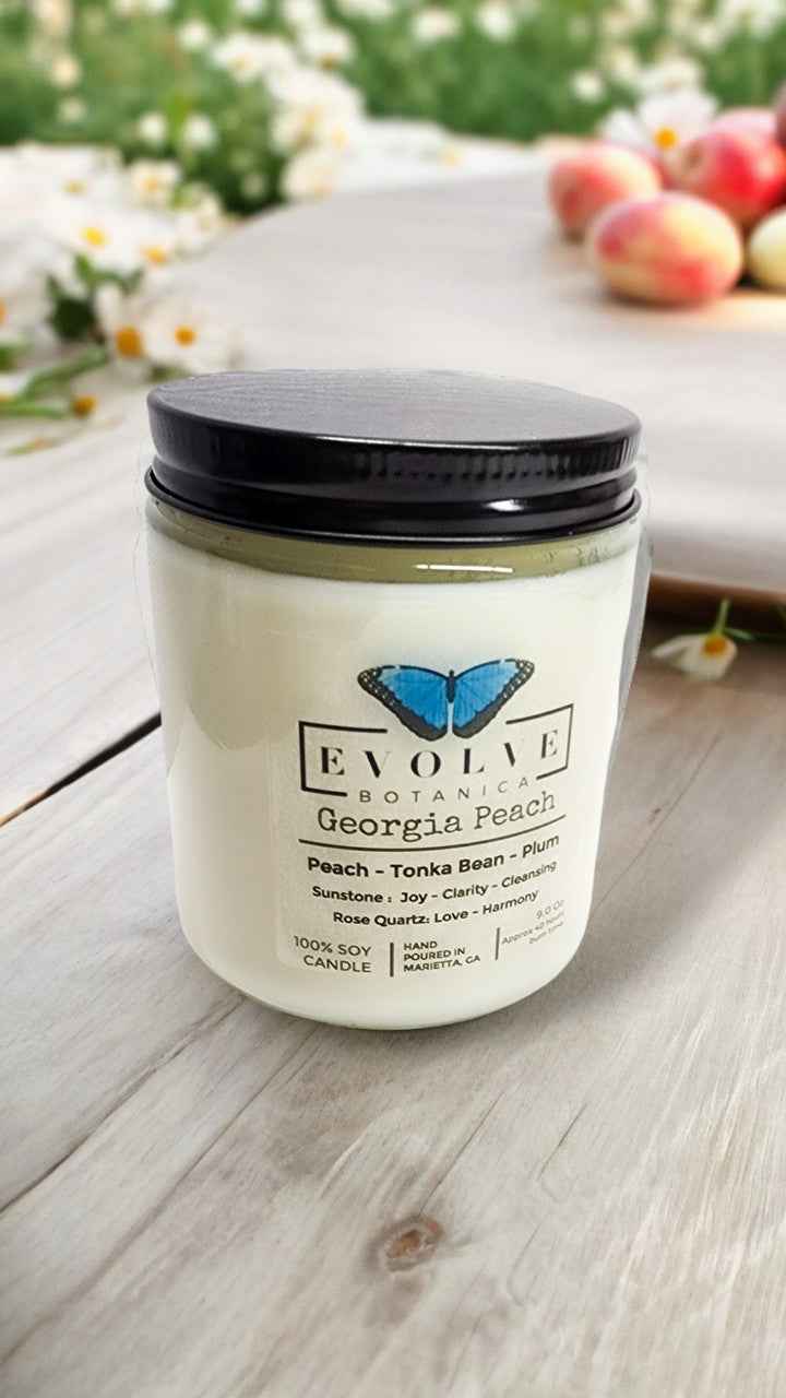 Classic 9oz Jam Jar Crystal Soy Candle - Georgia Peach (Sunstone &amp; Rose Quartz)