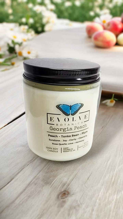 Classic 9oz Jam Jar Crystal Soy Candle - Georgia Peach (Sunstone &amp; Rose Quartz)