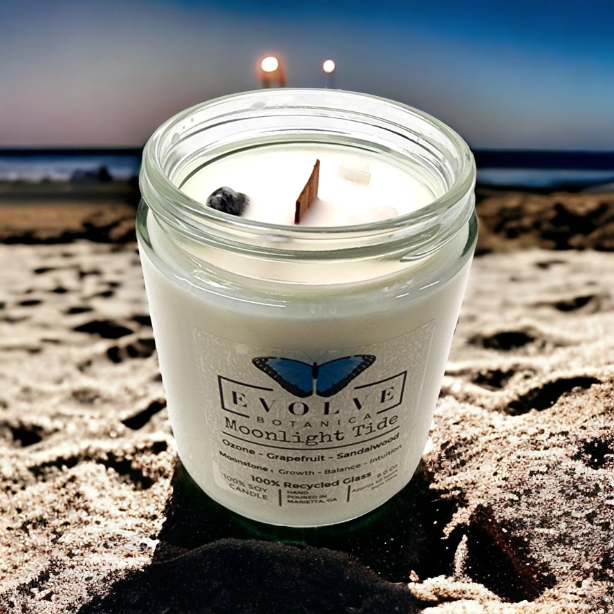 Classic 9oz Jam Jar Crystal Soy Candle - Moonlight Tide (Moonstone)