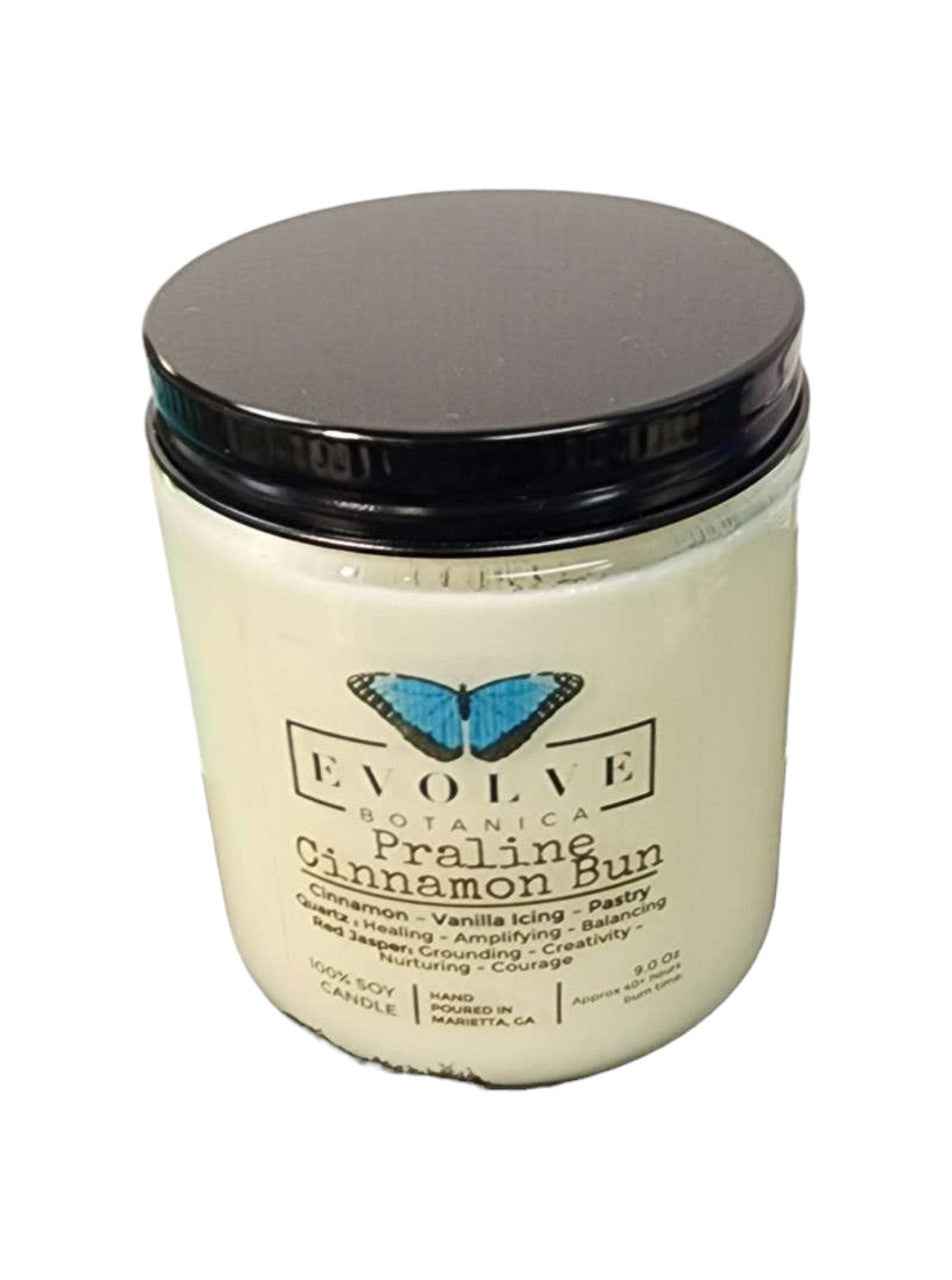 Classic 9oz Jam Jar Crystal Soy Candle - Praline Cinnamon Bun (Red Jasper &amp; Clear Quartz)