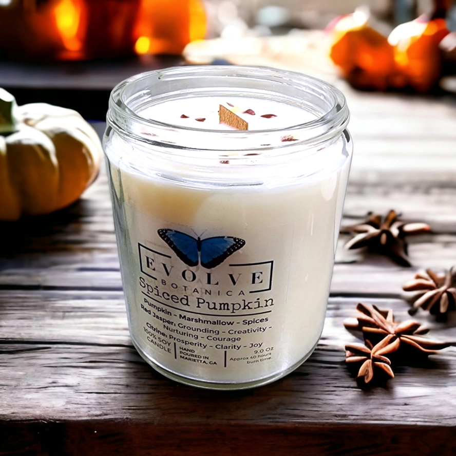 Classic 9oz Jam Jar Crystal Soy Candle - Spiced Pumpkin (Jasper &amp; Citrine)