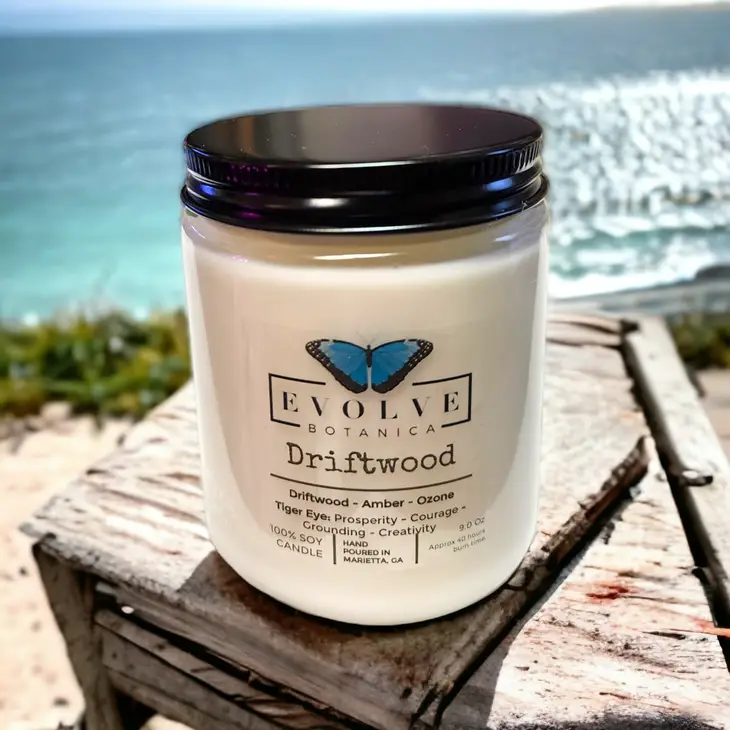 Classic 9oz Jam Jar Crystal Soy Candle - Driftwood (Tiger Eye)