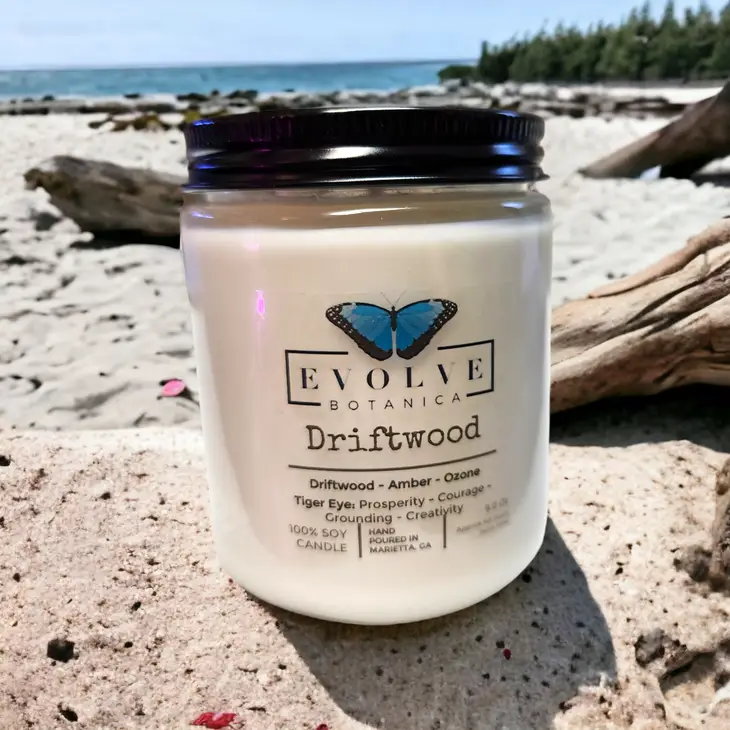 Classic 9oz Jam Jar Crystal Soy Candle - Driftwood (Tiger Eye)