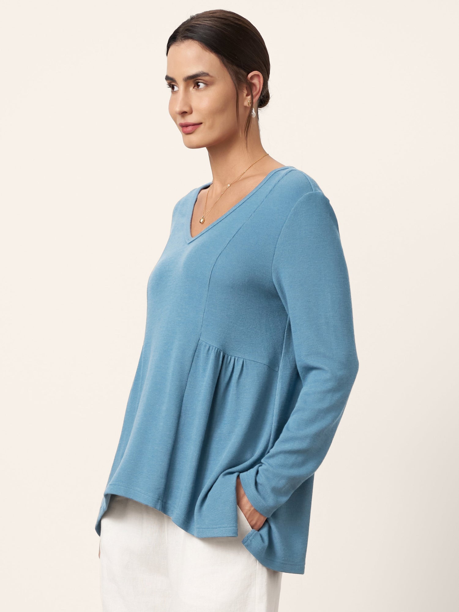 Wool-Blend Sweetheart Pleated Long Sleeve Top AMBER by LINTICO