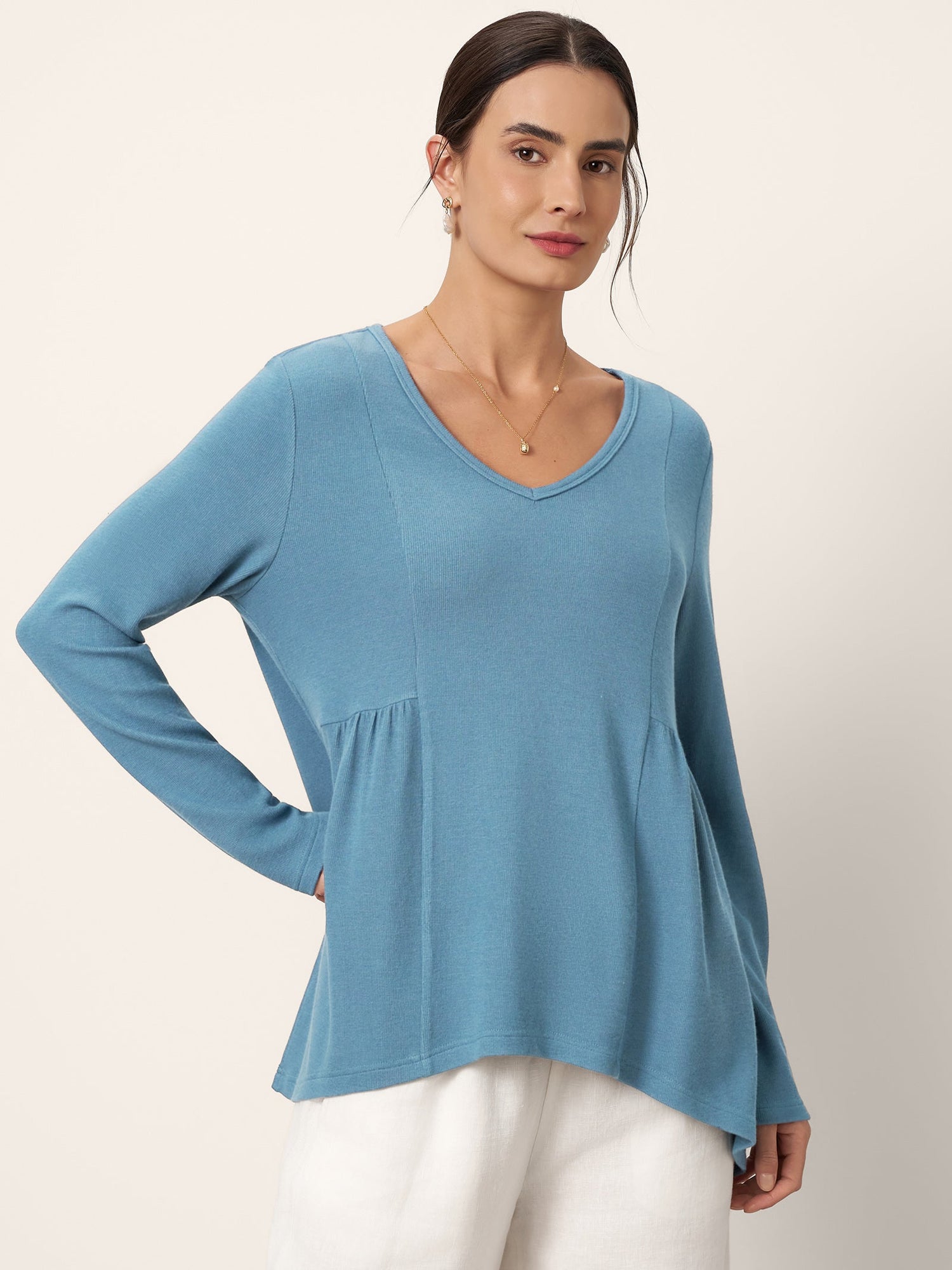 Wool-Blend Sweetheart Pleated Long Sleeve Top AMBER by LINTICO