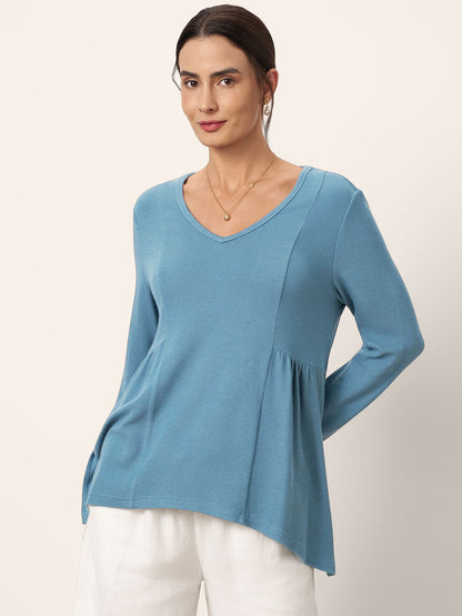 Wool-Blend Sweetheart Pleated Long Sleeve Top AMBER by LINTICO