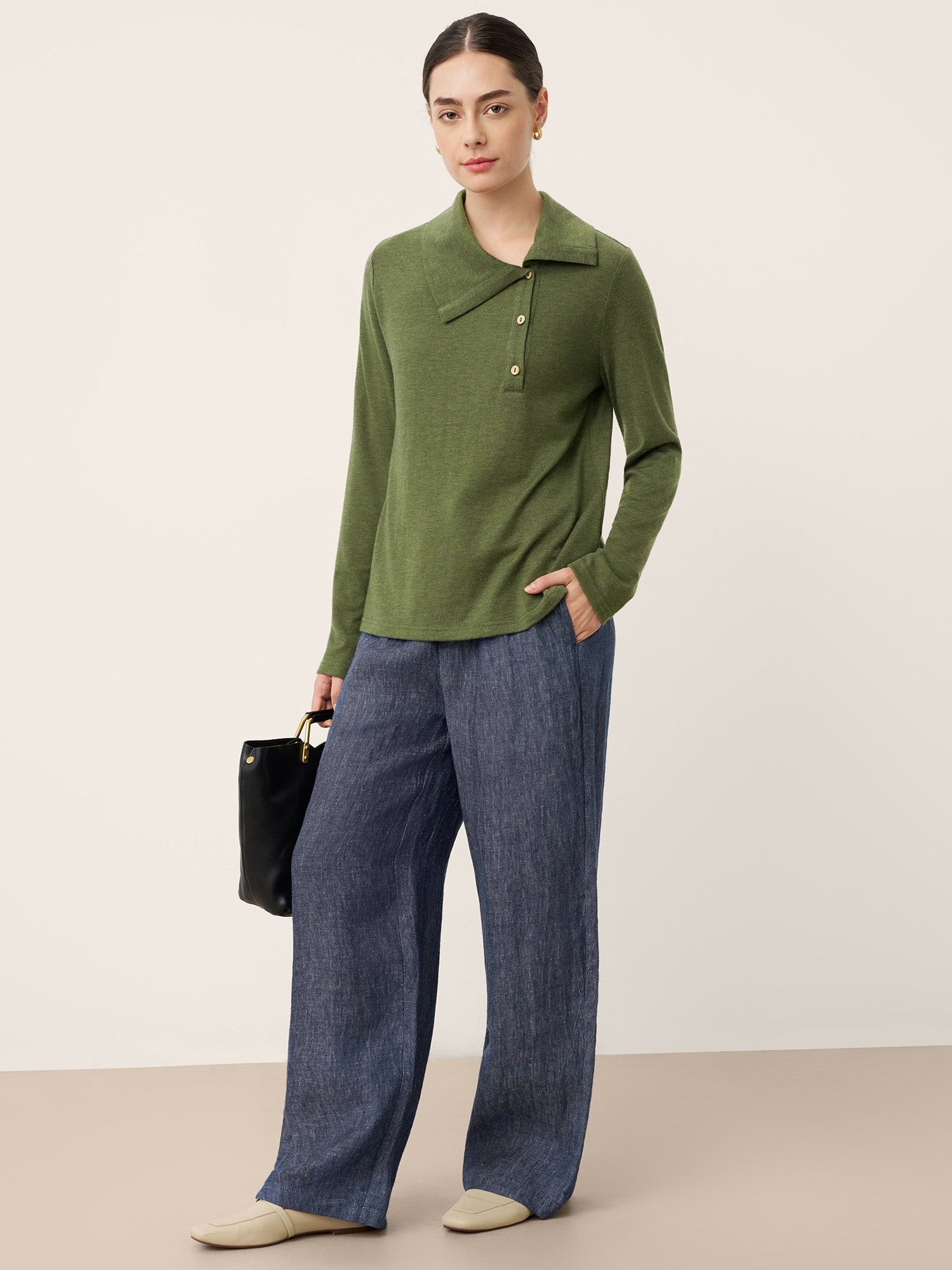 Wool Asymmetric Lapel Fruit Button Decor Top YSABEL by LINTICO