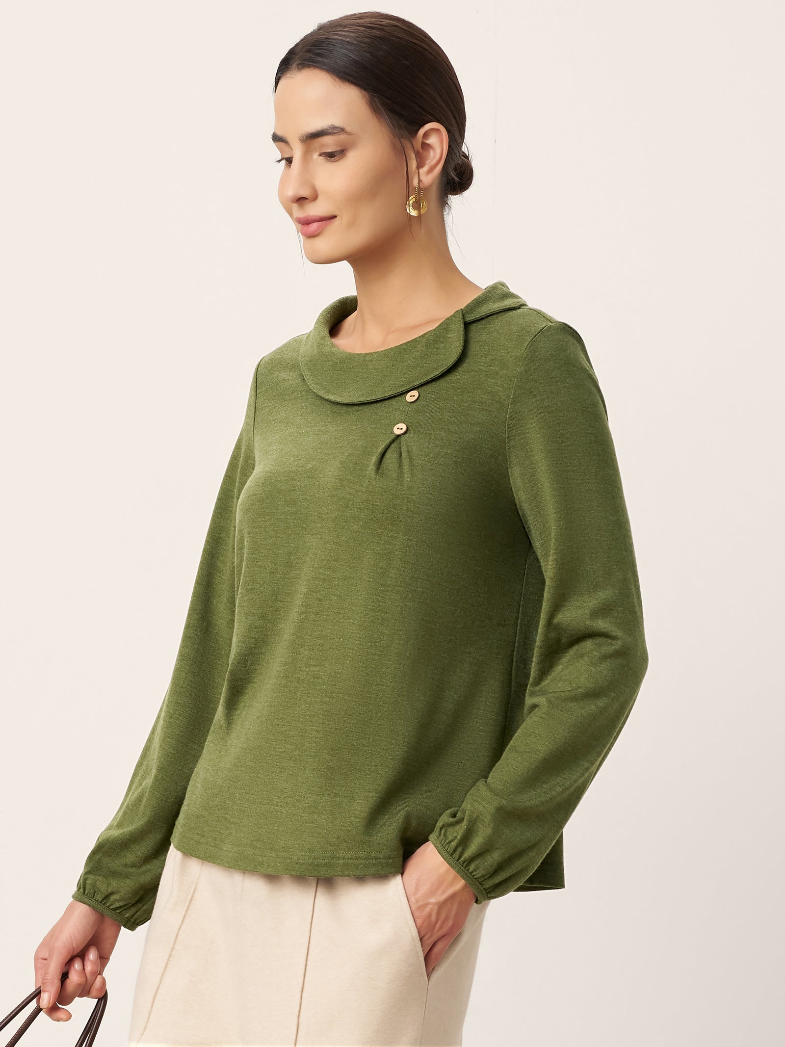 Wool Asymmetric Pleated Long-Sleeve Top ARLETTE  DestGlow
