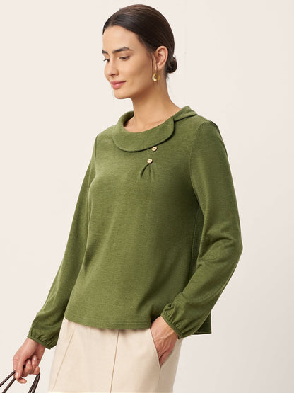 Wool Asymmetric Pleated Long-Sleeve Top ARLETTE  DestGlow